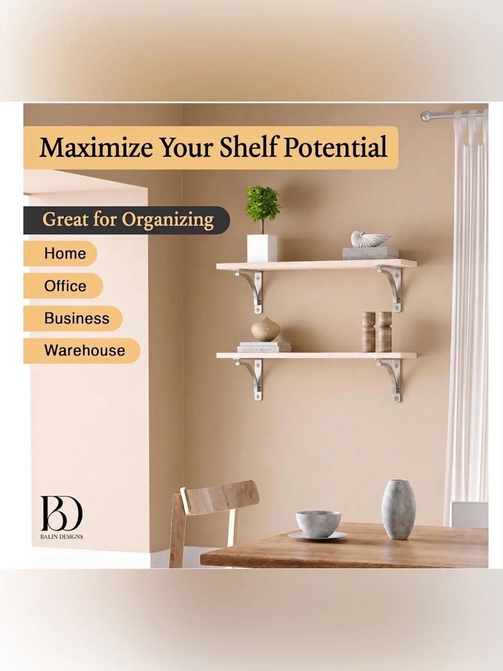BALIN DESIGNS Chrome Heavy-Duty Wall Shelf Brackets - Set of 4 NIB